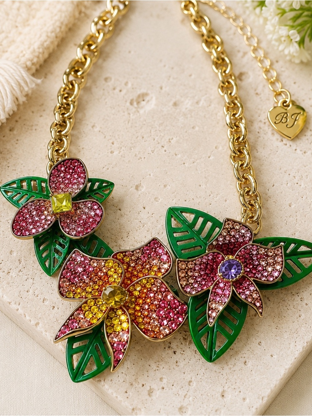 Betsey Johnson Gold-Tone Floral Necklace with Green Leaves and Pink Crystals